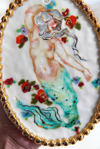 "Siren with Beaded Frame" Porcelain Painting
