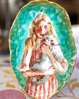 “Girl with Cat” Porcelain Wall Hanging