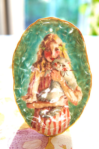 “Girl with Cat” Porcelain Wall Hanging