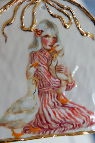 "Lady & Two Geese" Porcelain Painting