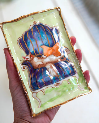 “White Cat on Indigo Chair” Porcelain Painting