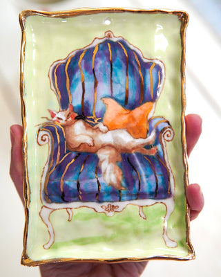 “White Cat on Indigo Chair” Porcelain Painting