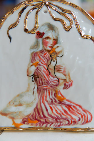 "Lady & Two Geese" Porcelain Painting