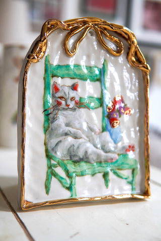 "Kitty on Turquoise Chair" Porcelain Painting
