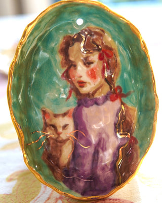 “Girl in Violet with Cat” Porcelain Wall Hanging