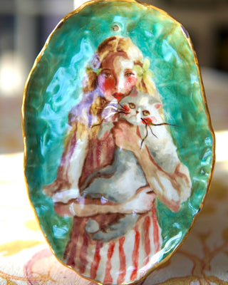 “Girl with Cat” Porcelain Wall Hanging