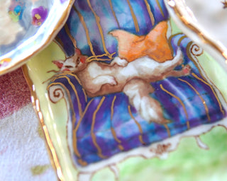 “White Cat on Indigo Chair” Porcelain Painting