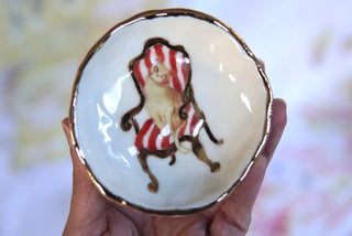 “White Kitty on Striped Chair” Small Trinket Dish