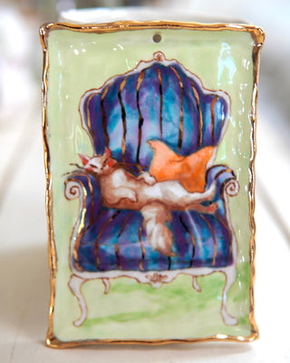 “White Cat on Indigo Chair” Porcelain Painting