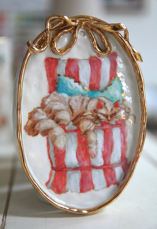 "Kitty on Striped Chair with Blue Pillow" Porcelain Painting