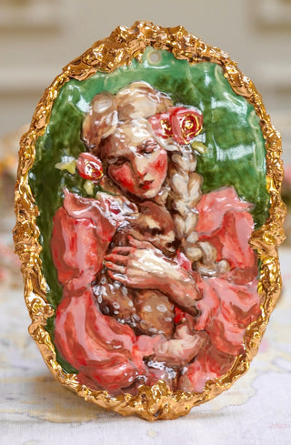 "Her Fawn" Porcelain Wall Painting 8" x 5.4"