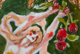"Siren with Two Goldfish" Porcelain Wall Painting 8.1" x 6"