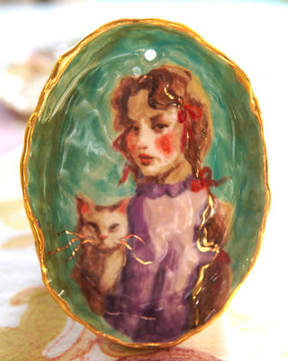“Girl in Violet with Cat” Porcelain Wall Hanging