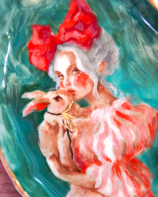 “With Her Red Bow & Bunny” Porcelain Wall Painting