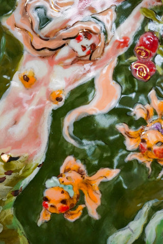 "Siren with Two Goldfish" Porcelain Wall Painting 8.1" x 6"