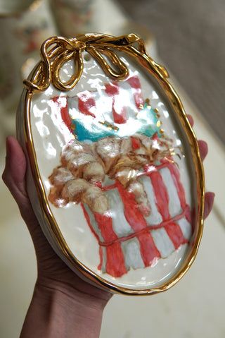 "Kitty on Striped Chair with Blue Pillow" Porcelain Painting