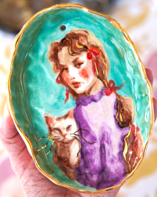 “Girl in Violet with Cat” Porcelain Wall Hanging