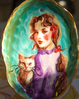 “Girl in Violet with Cat” Porcelain Wall Hanging