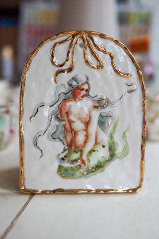 "Siren & Three Fish" Porcelain Painting