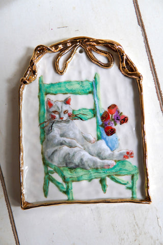 "Kitty on Turquoise Chair" Porcelain Painting