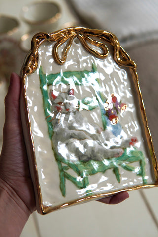 "Kitty on Turquoise Chair" Porcelain Painting