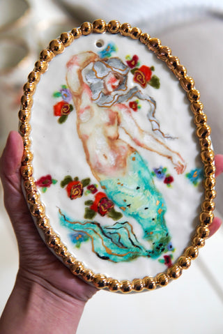 "Siren with Beaded Frame" Porcelain Painting