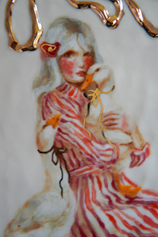 "Lady & Two Geese" Porcelain Painting