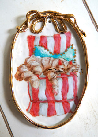 "Kitty on Striped Chair with Blue Pillow" Porcelain Painting