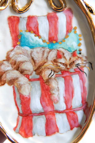 "Kitty on Striped Chair with Blue Pillow" Porcelain Painting