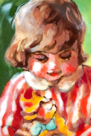 "Wee Lass & Her Ginger Kitten" Porcelain Wall Painting 5.5" x 4.3"