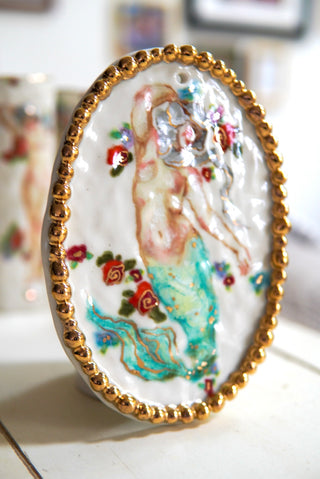 "Siren with Beaded Frame" Porcelain Painting