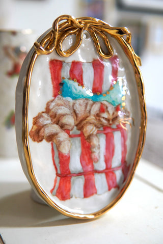 "Kitty on Striped Chair with Blue Pillow" Porcelain Painting