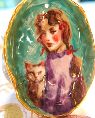 “Girl in Violet with Cat” Porcelain Wall Hanging
