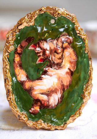 "Curly Toes Kitty" Porcelain Wall Painting 5.9" x 4.3"