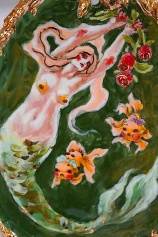 "Siren with Two Goldfish" Porcelain Wall Painting 8.1" x 6"