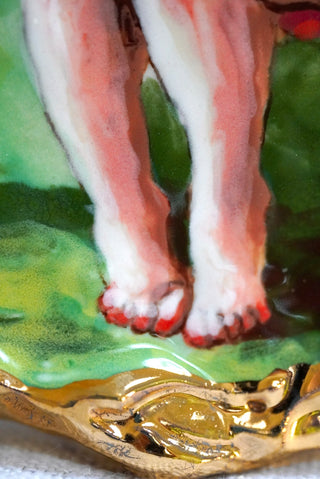 "Wee Lass & Her Ginger Kitten" Porcelain Wall Painting 5.5" x 4.3"
