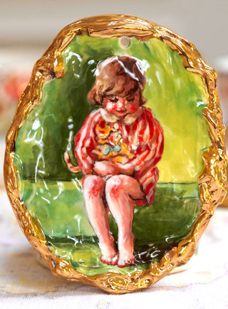"Wee Lass & Her Ginger Kitten" Porcelain Wall Painting 5.5" x 4.3"