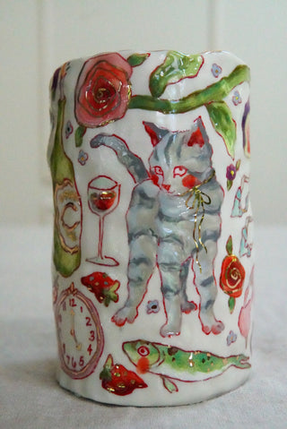 Grey Kitty & Blue Chair Vase 5.5"