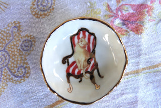 “White Kitty on Striped Chair” Small Trinket Dish