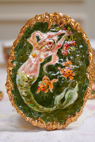 "Siren with Two Goldfish" Porcelain Wall Painting 8.1" x 6"