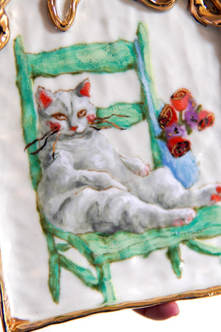 "Kitty on Turquoise Chair" Porcelain Painting
