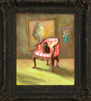 "Cat in Striped Chair" Original 7x9" Oil Painting