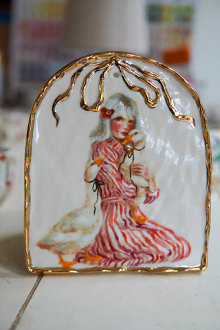 "Lady & Two Geese" Porcelain Painting