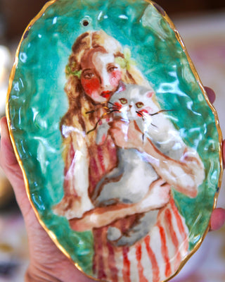 “Girl with Cat” Porcelain Wall Hanging