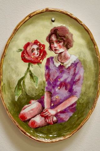 "Girl and Her Flower" Porcelain Wall Painting 7.1"