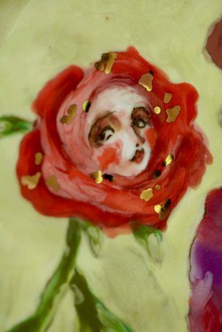 "Girl and Her Flower" Porcelain Wall Painting 7.1"