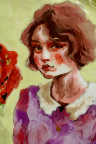 "Girl and Her Flower" Porcelain Wall Painting 7.1"