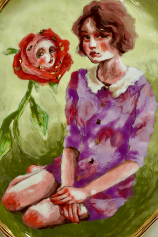 "Girl and Her Flower" Porcelain Wall Painting 7.1"