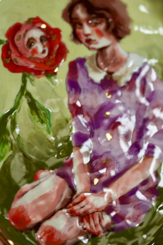 "Girl and Her Flower" Porcelain Wall Painting 7.1"