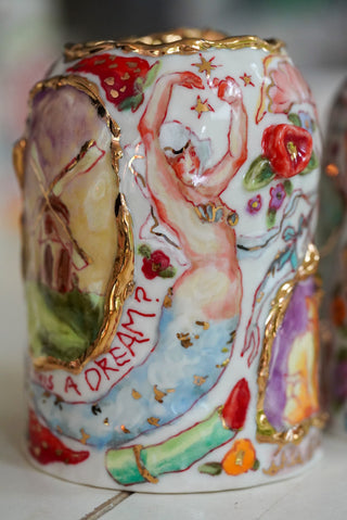 "Wind Mill, Kitty, Cherries" Vase 4.8" Tall